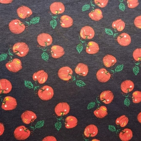 Cotton knit Fabric Red Apple Toss on Navy Blue Medium Wt. Pre-Cut 60 X 34 - Picture 1 of 5